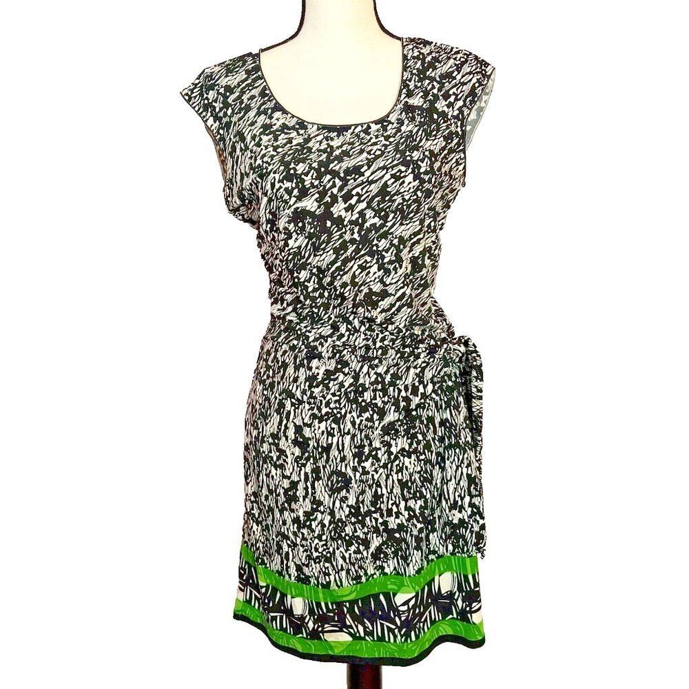 Max Edition Black White Green Side Tie Short Sleeve Knee Length Stretch Dress M